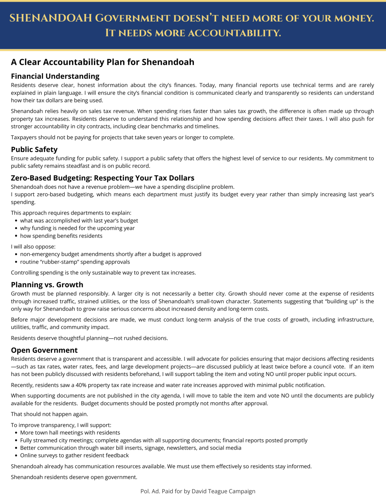 David Teague plan details infographic — Shenandoah TX