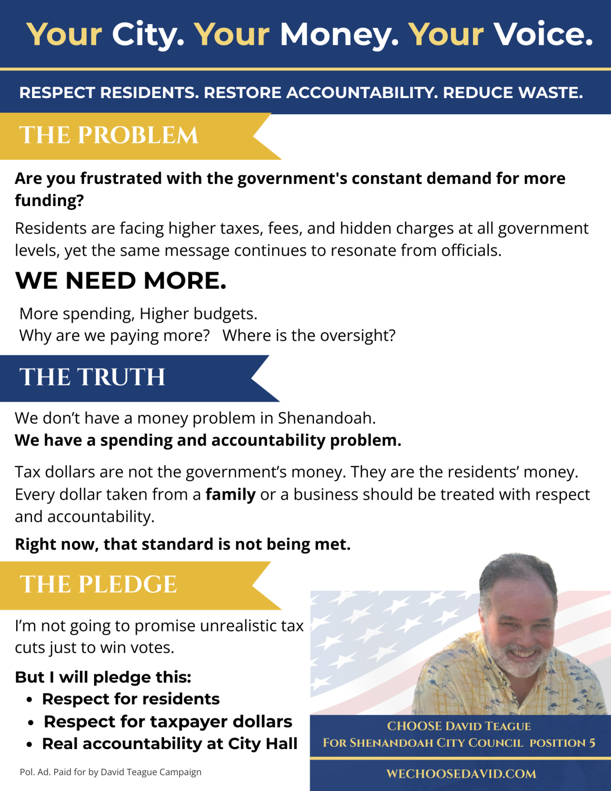 David Teague campaign plan infographic — accountability, transparency, responsible spending